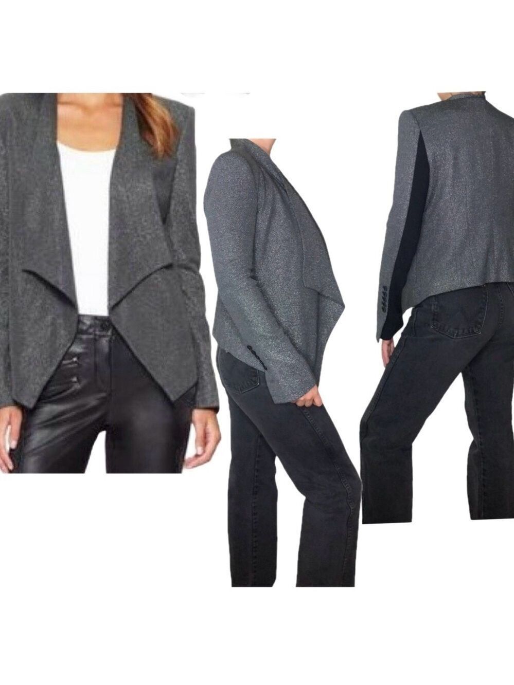 BCBGMAXAZRIA ABREE Metallic silver black draped waterfall lapel blazer jacket S